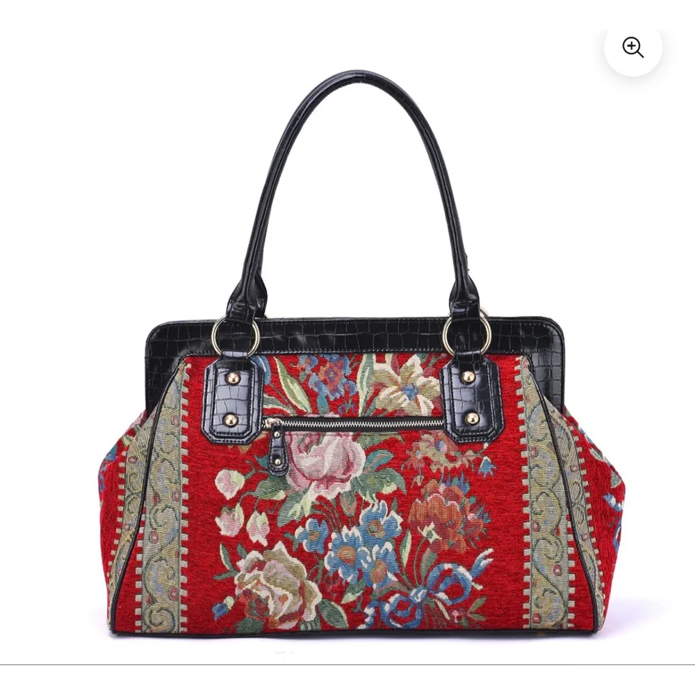 NWT Mellow World Satchel Red Black Floral Beaded Bag